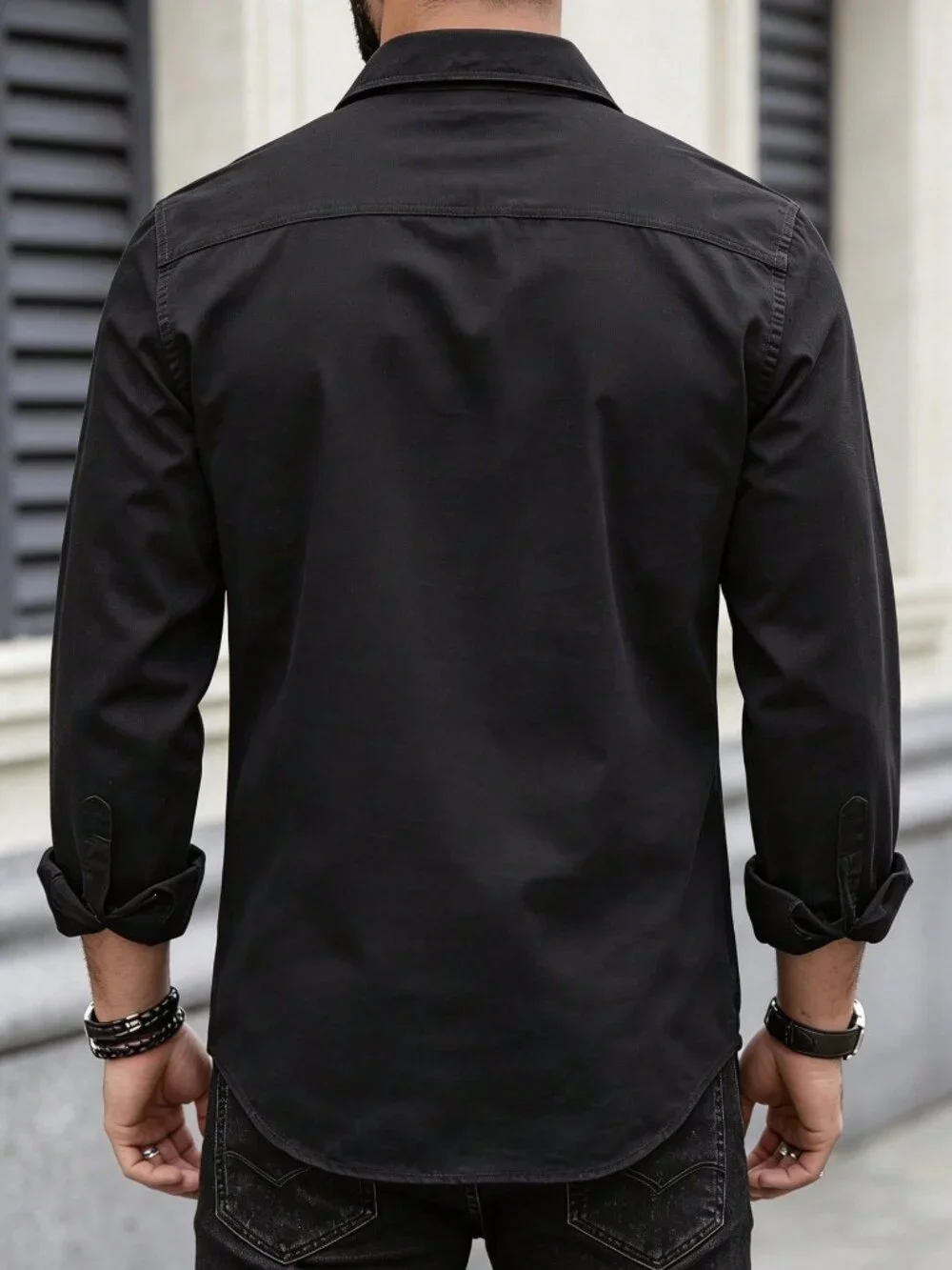 Black Casual Men's Military Style Slim Fit Button-Up Shirt